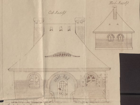 Einer von mehreren Entwürfen Meßwarbs für die Ansicht des Badehauses, die im Archiv des Bürger- und Heimatvereins bewahrt werden.